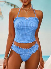 Swim Mod Women's Summer Beach Resort Sweet Fresh Plaid Print Tank Top And Bikini Set - Baby Blue - View 6