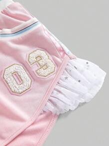 ROMWE J-Fashion Plus Size Y2K Millennium Number Rhinestone Decor Sports Shorts - Pink - View 2