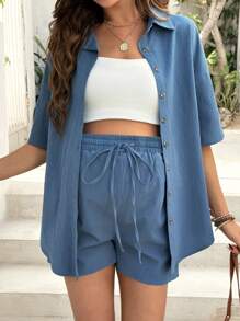 SHEIN 2pcs Women Fashion Casual Wrinkle Collar Short Sleeve Shirt And Drawstring Waist Shorts Set