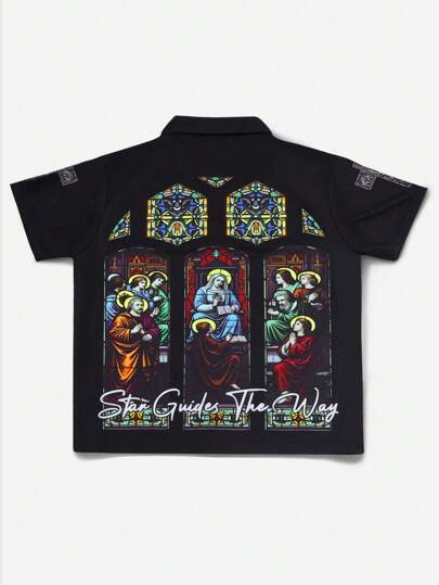 Goth Camisa de manga corta con botones y estampado integral para hombre, de verano