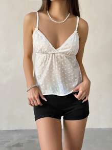 Jouncy Women Floral Jacquard Ruffle Hem Spaghetti Strap Camisole - White - View 1