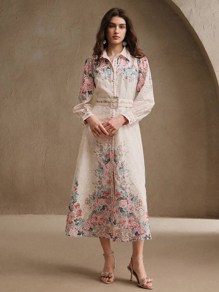 Loose French Button Down Balloon Sleeve Turndown Collar Belted Floral Print Maxi Dress, Spring, Festival, Valentine, Elegant, Easter, Vacation Outfits For Women