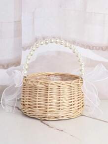 1 件手工制作的天然柳条花童篮，配人造花，非常适合婚礼或节日装饰 - 彩色 - 查看 1