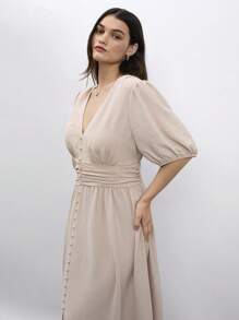 Maija Women's Plus Size Beige Summer Elegant Tea Party Wedding Guest Dress,Short Sleeve V Neck Maxi Bohemian Beach Holiday Style Ruffles Loose A-Line Hem - Apricot - View 4