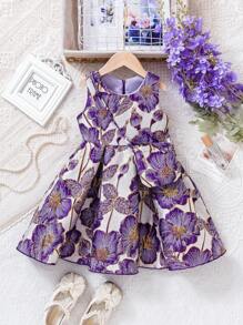 Young Girl Elegant Light Blue Jacquard Sleeveless Princess Mini Dress, Suitable For Performance, Wedding, Seasonal, Party And Birthday Party, Suitable For Summer Outfit - Purple - View 5