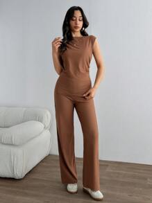 SHEIN Stile casual, colore lucido a costine, top con dettagli raccolti sui lati