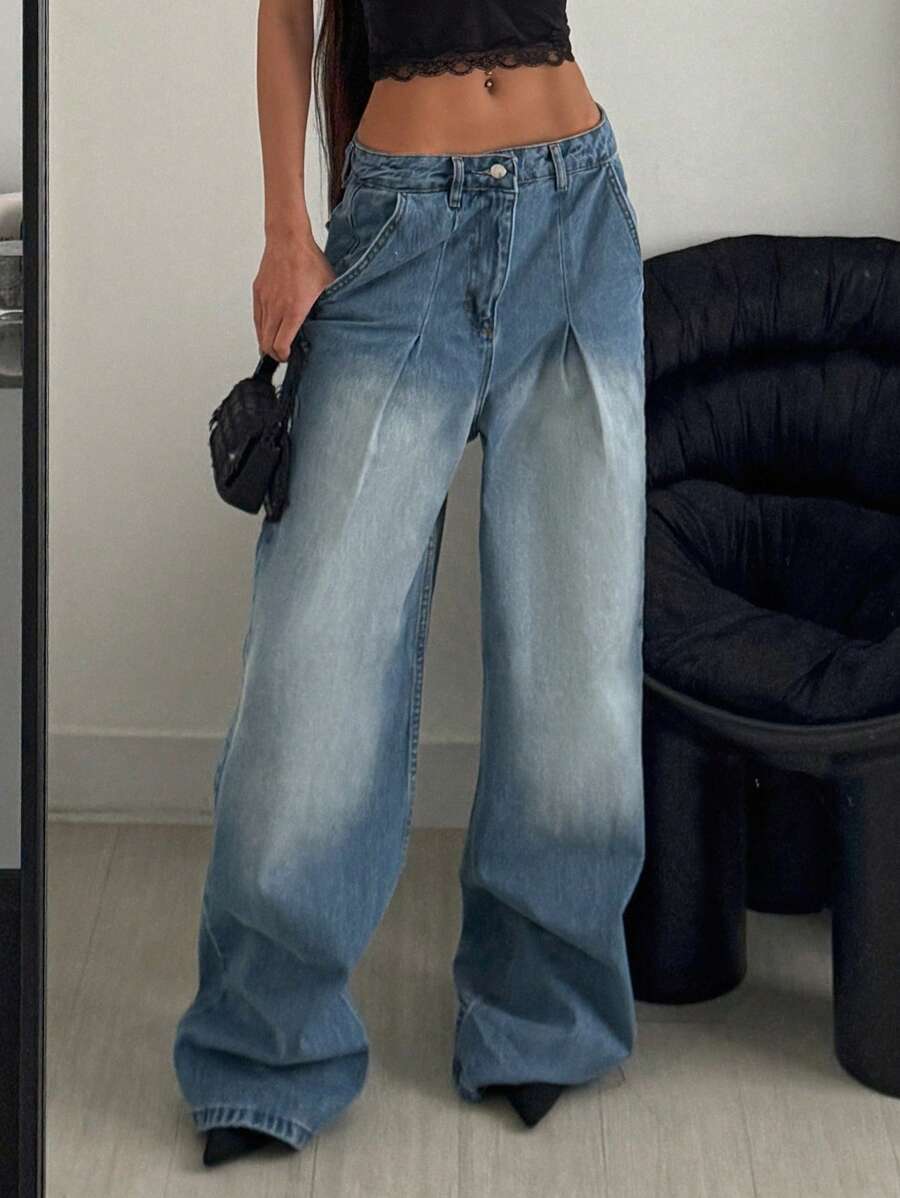EURMUSE 100% Cotton HIGH WAIST WIDE LEG VINTAGE JEAN Low Rise Jeans - Light Wash - View 1