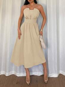 Chiquease 女士优雅性感抹胸 A 字形连衣裙，蓝色，春夏 - 杏色 - 查看 3