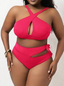 Slaydiva Plus Size Women Cross Strap Halter Hollow Out Tie Wide Ribbed Fabric Bikini Set - Hot Pink - View 3