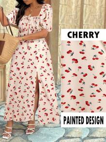SHEIN Clasi Plus Size Cherry Print Pattern Sleeveless V-Neck Tie Front Ruched Back Gathered Waist Asymmetric Hem Dress, Cute For Casual, Dating, Vacation - Multicolor - View 3