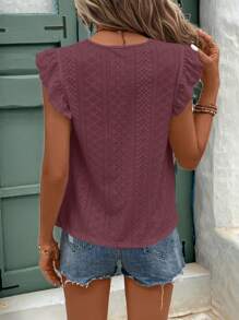 SHEIN Frenchy Eyelet Embroidery Ruffle Trim Round Neck Lace Trimmed Tee Summer - Dusty Purple - View 3