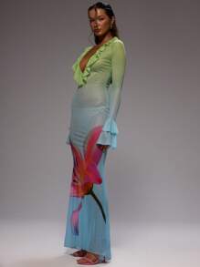 MUSERA 这款极致荷叶边深V领荷叶袖印花修身优雅长裙，适合春夏季度假、婚礼宾客、伊比沙岛海滩婚礼宾客、生日派对、秋夏季泳装等场合穿着。 - 綠色 - 查看 2