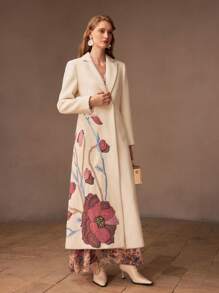 MOTF PREMIUM EMBROIDERY FLORAL PATTERN PEAK COLLAR LONGLINE OVERCOAT - White - View 5
