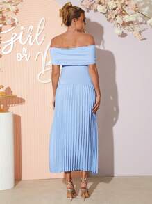 Loomaby Maternity Elegant Solid Color Off Shoulder Ruched Hem Dress,Gender Reveal Dress,Baby Shower Dress,Maternity Dress