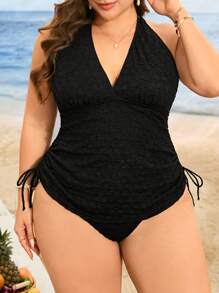 Swim Lushoire 2pcs/Set Plus Size Women Solid Color Tie Side Tankini Top & High Cut Brief Bottoms Casual Beach Swimsuit For Summer Beach Vacation - Black - View 1