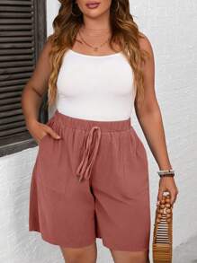 EMERY ROSE Plus Size Women Solid Color Tie Waist Pockets Loose Casual Shorts Boho Summer Simple & Fashionable - Dusty Pink - View 3