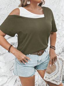 EMERY ROSE Plus Size Women Asymmetric Contrast Color Short Sleeve Casual T-Shirt - Army Green - View 5