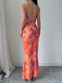 Elenzga Elegant Floral Printed Backless Mermaid Strapless Dress For Summer Maxi Women Outfit - Coral Orange - View 1