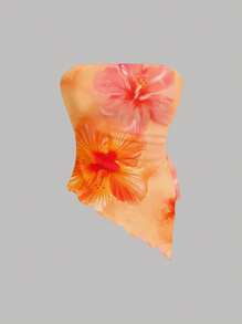 SHEIN MOD Casual Asymmetrical Hem Floral Print Cropped Tank Top For Women, Suitable For Holiday And Summer, Pintue Flower Pattern,Tube Top Suitable For Going Out