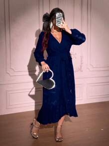 SHEIN Unity Plus Size Elegant Floral Print Long Sleeve Ruffle Hem Split Dress,Valentine - Navy Blue - View 3