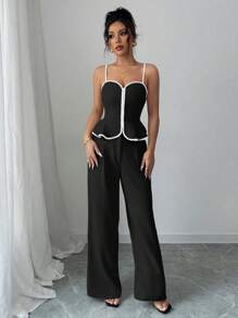 Elenzga 2pcs/Set Women Elegant Trim Contrast Color Cami Top And Long Pants - Multicolor - View 6