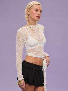 COUREZ Weißes spitzenbesetztes langärmliges Top, Sommeroutfit für Frauen/Y2K/Lässig Beach Urlaubs Resort Vintage - Weiss - Übersicht 2