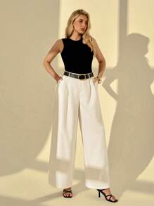 Auralis Plus Size Summer For Women Easter Business Casual Woman Office For Women Work Women Church Women Airport For Women Old Money Style Solid Color Patch Pocket Pleated Wide Leg Loose Casual Pants,White Pants - White - View 4