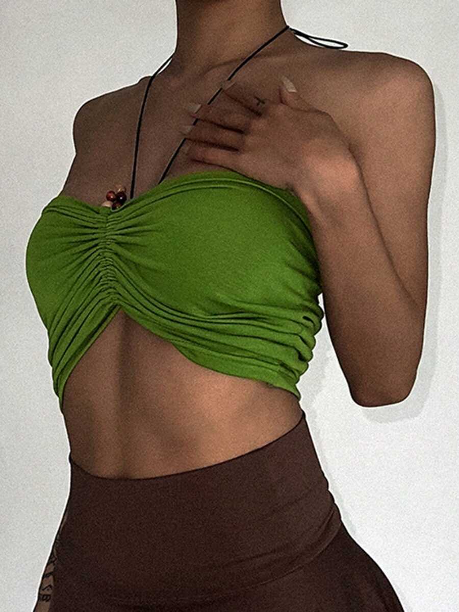 DAZY Top sin mangas con busto fruncido y cuello de halter, top ajustado para mujer, atuendo de verano y crucero Y2K - Verde - Ver 1