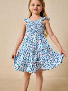 SHEIN Young Girls' Elegant Blue Ditsy Floral Chiffon Dress, Spring/Summer - Blue - View 4