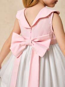 SHEIN Leap Crew Young Girls Elegant Pink Ruffle Collar & Mesh Bow Decor Party Dress, Spring/Summer - Pink - View 5