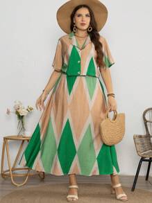 SHEIN Holidaya Set di maglietta a maniche corte con stampa e gonna a mezza vestaglia minimalista per donne taglia grande, outfit estivo