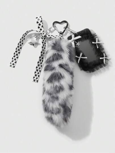 Grunge Punk 1 pièce Style gothique vintage doux Y2K, queue en peluche grise imprimée léopard, nœud papillon  en forme de cœur, porte-cartes en dentelle de fil de réseau en étoile CCB, pendentif de sac porte-clés DIY, convient pour les employés de bureau, les étudiants et le port quotidien, cadeau de vacances, Halloween