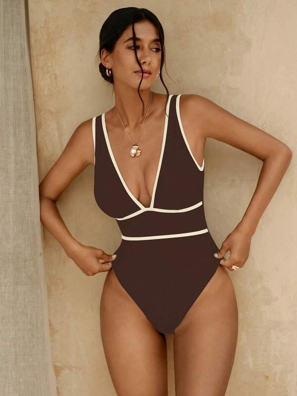 Swim Chiccia Spring Break Women's Sexy Elegant Solid Color Splicing Deep V-Neck U Back One-Piece Swimsuit