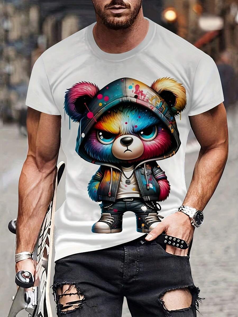 Manfinity Homme Slim Fit Cartoon Printed Short Sleeve Round Neck T-Shirt, Men, Summer - White - View 1