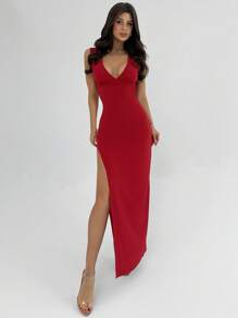 Firerie Đầm Maxi hở lưng không tay xẻ cao xếp ly chữ V sâu màu đỏ thời trang dự tiệc/hẹn hò thanh lịch cổ điển mùa xuân/hè gợi cảm - Đỏ - Xem 5