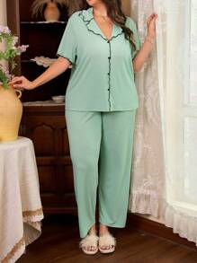 SHEIN Plus Size Sweet Lotus Collar Design Women Casual Ribbed Pajama Set For Home Wear, Outfits - Mint Green - View 2