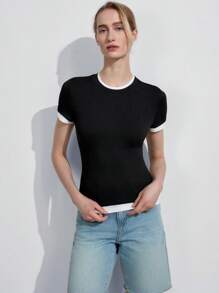 Lumivelle Women's Contrast Color Trim V-Neck Short Sleeve T-Shirt, Casual Summer Tee