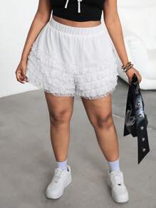 SHEIN EZwear 加大码白色花卉蕾丝边休闲修身短裤，蕾丝拼布短裤优雅短裤，白色，四季皆宜，蓝色，适合派对、节日、约会、情人节、下午茶、夏季/春季/音乐会女士/狂欢/狂欢节/乡村音乐会/纳什维尔/伊比沙岛 - 白色 - 查看 5