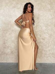 SHEIN Swim Gold Elegant Bandeau Bikini With Cover Up Skirt Set For Summer Beach Vacation - Gold - View 3