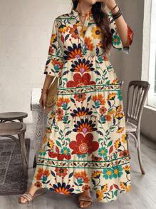 Váy cỡ lớn thanh lịch họa tiết hoa nhiệt đới tối giản giản dị, phù hợp cho mùa thu/đông - Nhiều màu - Xem 1