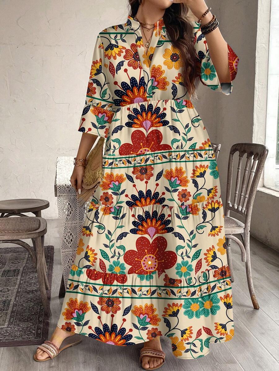 Váy cỡ lớn thanh lịch họa tiết hoa nhiệt đới tối giản giản dị, phù hợp cho mùa thu/đông - Nhiều màu - Xem 1