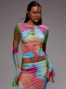 MUSERA Slinky Ruched Front Elegant Longline Flared Sleeve Top Only For Summer Vacation Wedding Guest Graduation Formal - Blue - View 1