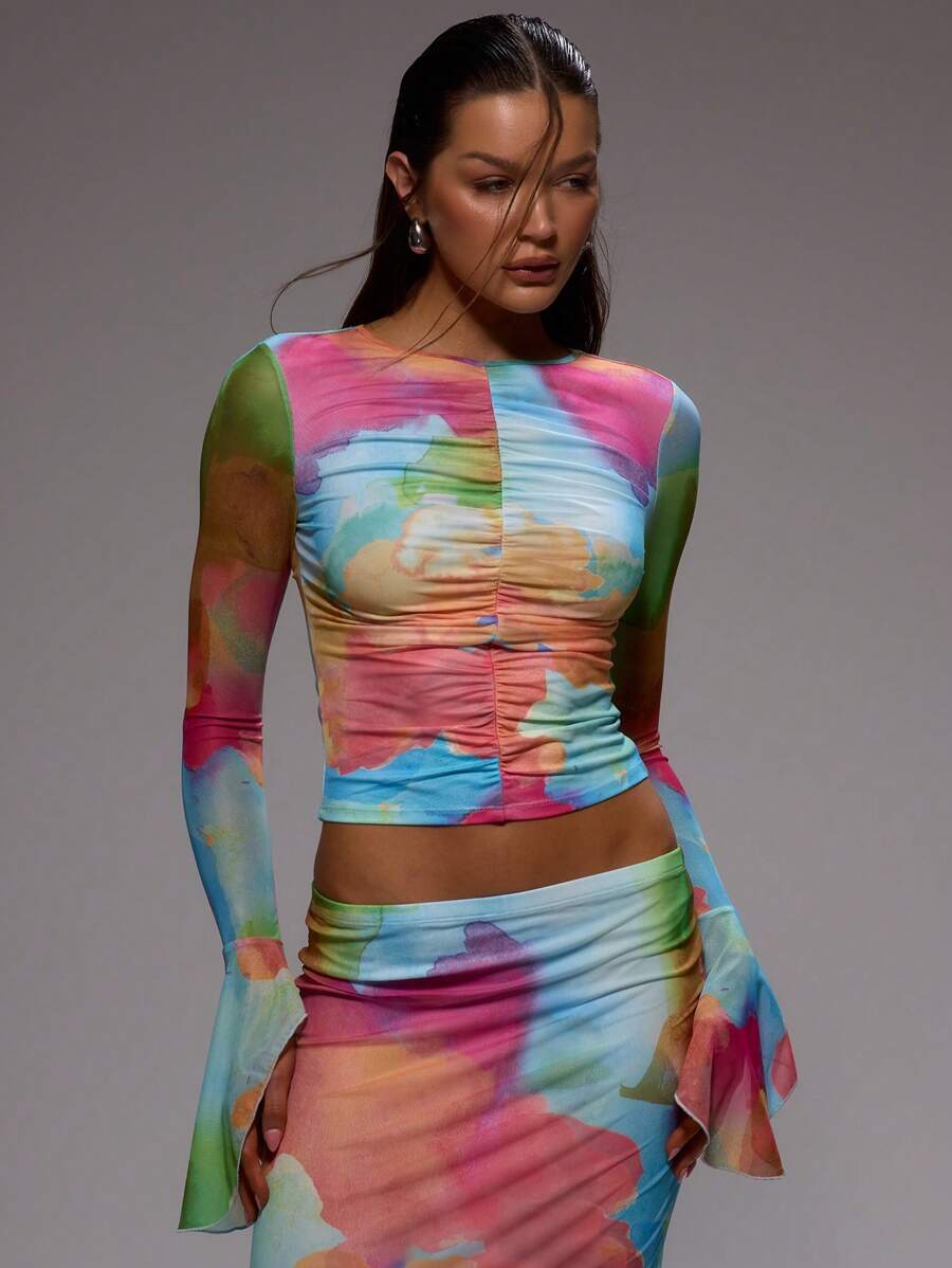 MUSERA Slinky Ruched Front Elegant Longline Flared Sleeve Top Only For Summer Vacation Wedding Guest Graduation Formal - Blue - View 1