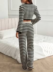 EURMUSE Women's 2-Piece Crochet Knitwear Set – Boho Diamond Pattern Long-Sleeve Top With Bell Sleeves And Matching Cropped Pants, Lightweight And Breathable Design For Summer Elegance,Petite Co Ord,Co Ord,Petite,Winter Clothes - Black and White - View 2