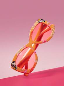 THE POWERPUFF GIRLS X SHEIN Red Personalized Large Frame Fashion Glasses With Blossom And Letter Print - Orange - View 2