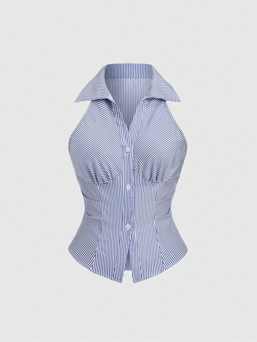 Sweetra 女式无袖条纹衬衫，夏季休闲度假时尚修身短款背心，蓝色条纹 - 藏蓝色 - 查看 1