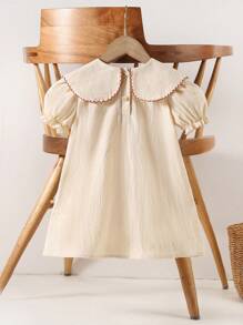 Souflis Souflis 女婴休闲植物刺绣泡泡袖彼得潘领连衣裙，夏季