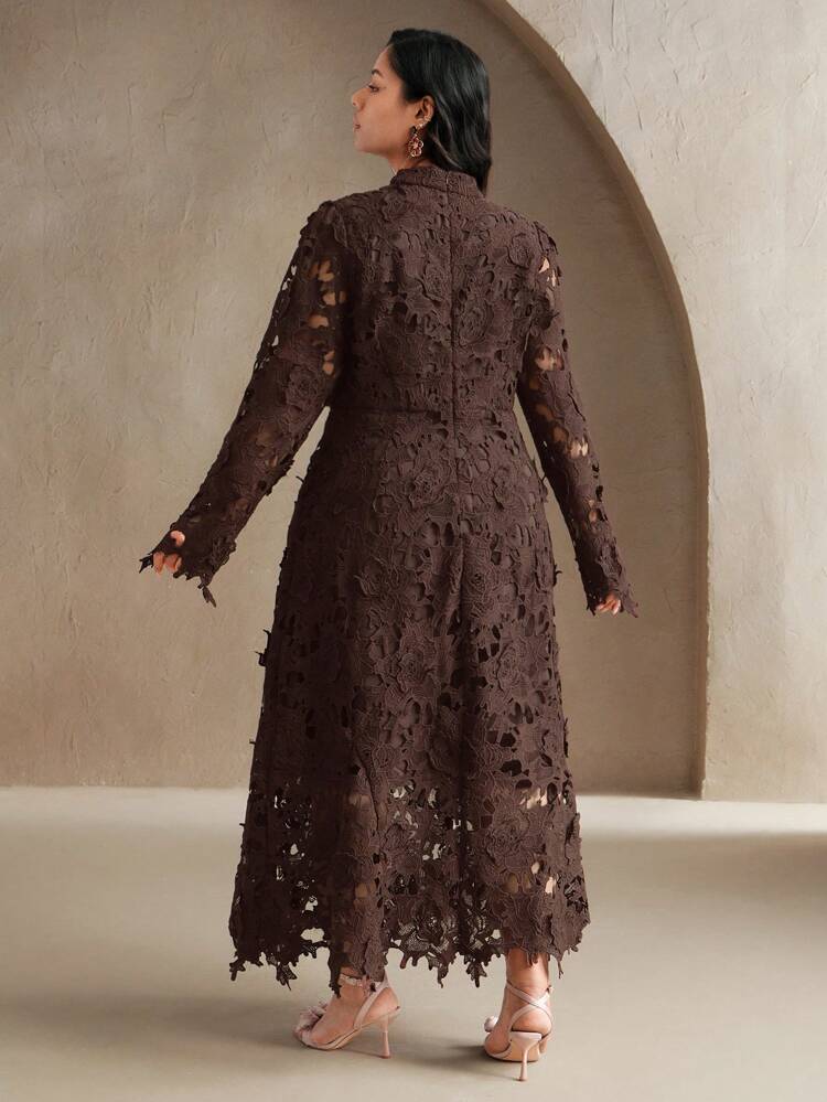 Plus Size Women Lace Angola Wine Red Long Sleeve Elegant Mermaid Dress, Suitable For Going Out, Festival, Spring, Vacation