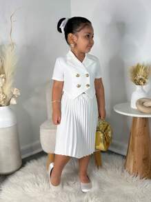 SHEIN Conjunto de look casual de moda para niña - Chaqueta de cárdigan de manga corta de unicolor y falda plisada - Blanco - Ver 4