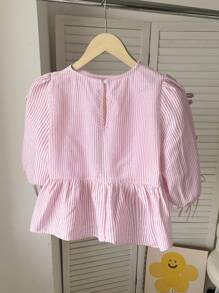 SHEIN LMoss Kids Tween Girl Casual Fashionable Striped Ruffle Bowknot 3/4 Sleeve Lantern Sleeve Fitted Blouse,Back To School, Summer Tops,Tween Girl Clothes,Babydoll Top,Cute Tops - Baby Pink - View 4